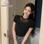 Áo sơ mi nữ tay ngắn cổ rùa nửa form slim, chất liệu tweed, họa tiết kim cương, phù hợp mặc hàng ngày