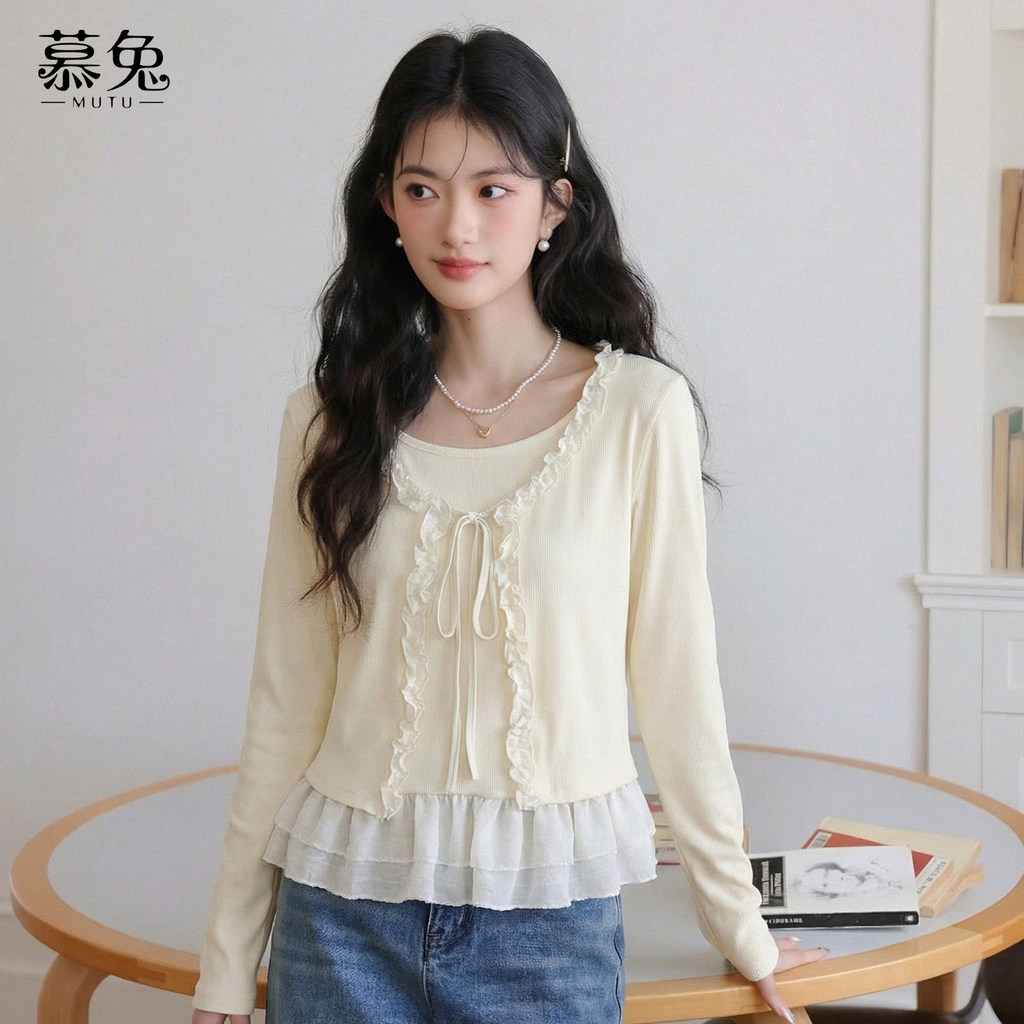 Mutu Phong Cách Nhẹ Nhàng Khâu Giả Hai Mảnh Áo Thun Dài Tay Nữ 2026 Mùa Xuân Phong Cách Mới Thiết Kế Niche Loose Top