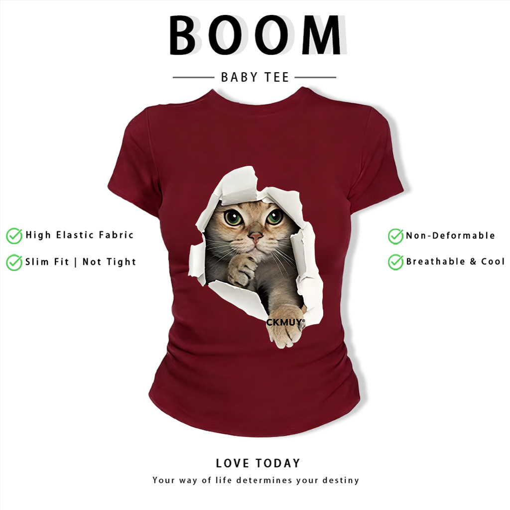 BOOM Áo Baby Tee Nữ Cotton Ôm Body-Áo Thun Ngắn Tay Y2K In Hình PhongCách Mùa Hè, Cổ Tròn Hàng Đầucách hàn quốc phongM07