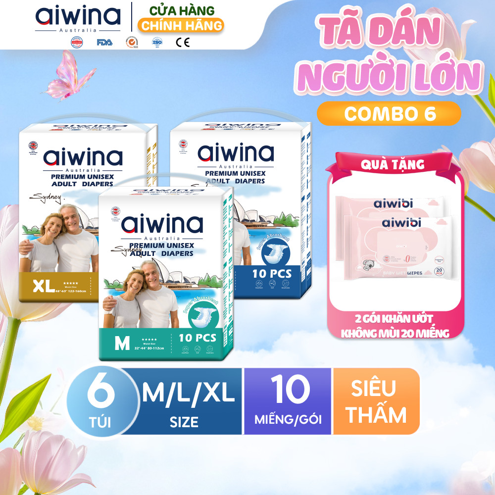 Combo 6 Tã dán người lớn Aiwina siêu mỏng, siêu mềm size M/L/XL túi 10 miếng