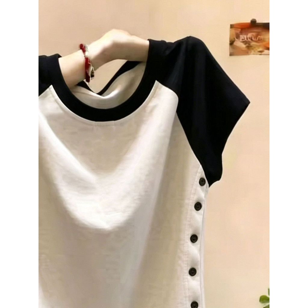 Quần áo nữ Cotton chải kỹ Milyfashion Áo thun ngắn tay màu tương phản eo hẹp Áo thun ngắn tay Slim-Fit Slimmer Look Top