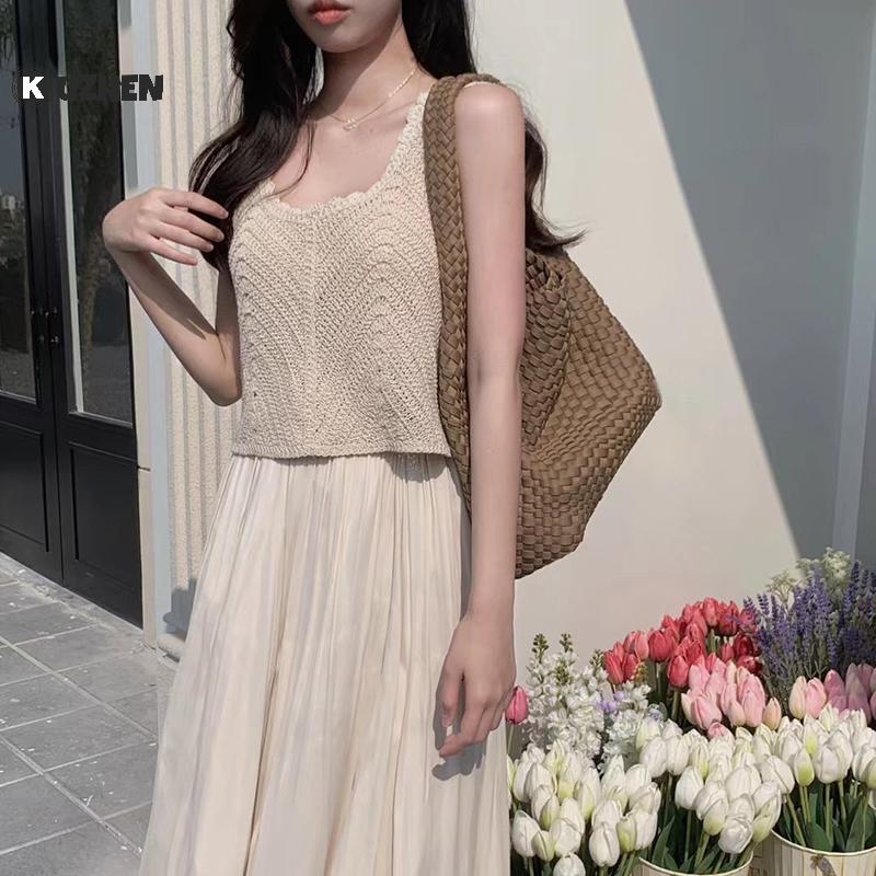 KUZHEN Mùa Hè Vintage Rỗng Ra Dệt Kim Tank Top Nữ Màu Trơn Không Tay Crop Top HOT