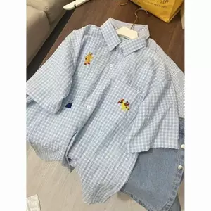 Áo sơ mi ngắn tay thêu kẻ sọc hoạt hình màu xanh lam dành cho nữ Áo sơ mi phong cách Preppy POLO Top