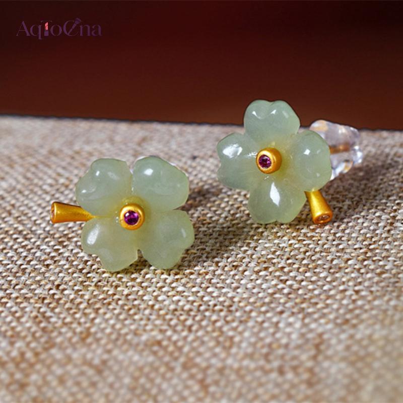 AqToCna Bông tai bé gái thiết kế retro, ngọc Hetian, hình cỏ bốn lá, tặng kèm