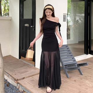 Đầm dài kiểu Pháp thanh lịch, trễ vai, chất liệu chiffon, phối nhiều mảnh, thích hợp cho mùa hè.