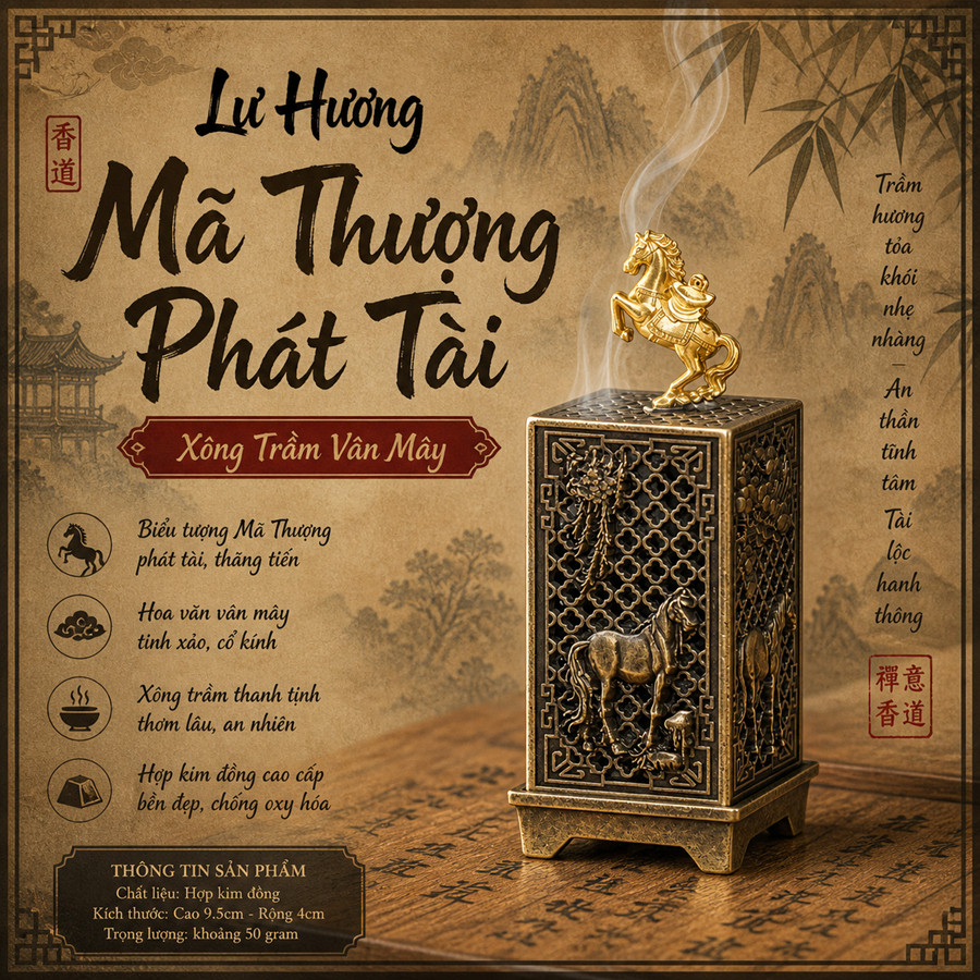 LƯ HƯƠNG ĐỐT TRẦM BẰNG HỢP KIM ĐỒNG CỠ BÉ CHẠM HÌNH MÃ ĐÁO THÀNH CÔNG TINH XẢO