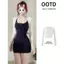 Màu xanh hải quân Sweet Hot Girl Bộ đồ nữ xinh đẹp Mùa hè Mông Sling Filigree Eo Váy ngắn chữ A Du lịch Váy nhỏ Phong cách Cardigan