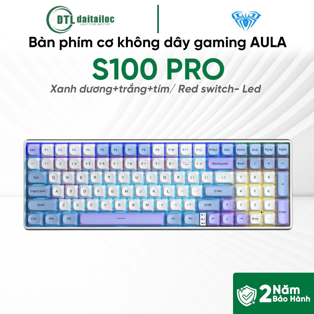 Bàn phím cơ không dây gaming 3 Mode AULA S100 PRO-Xanh dương trắng tím,Red switch - led | Chính Hãng | Bảo Hành 24 Tháng | BigBuy360 - bigbuy360.vn