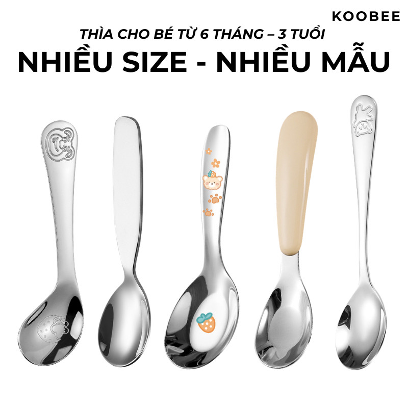 Bộ Thìa Ăn Dặm Inox 304/316 Cho Bé Từ 6 Tháng KOOBEE |Thìa Ăn Cho Bé Tự Ăn, Tập Xúc & Người Lớn Đút  Nhiều Size Lựa Chọn