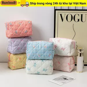 Túi trang điểm chần bông BAMBOOB, Hộp đựng mỹ phẩm đa chức năng dung tích lớn, Ví đựng tiền xu nơ nữ