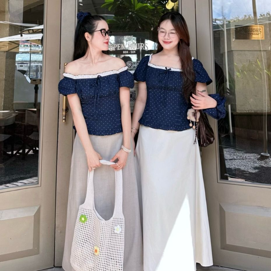 ( TẶNG KÈM SRUNCHIES) ÁO CHẤM BI PHỐI REN MẶC 2 KIỂU (CÓ BIGSIZE) M6119  - SamHi Closet