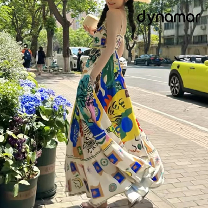 【dynamar】Váy liền thân Đầm in họa tiết graffiti gợi cảm dành cho nữ, đầm yếm không tay, đầm xòe rộng