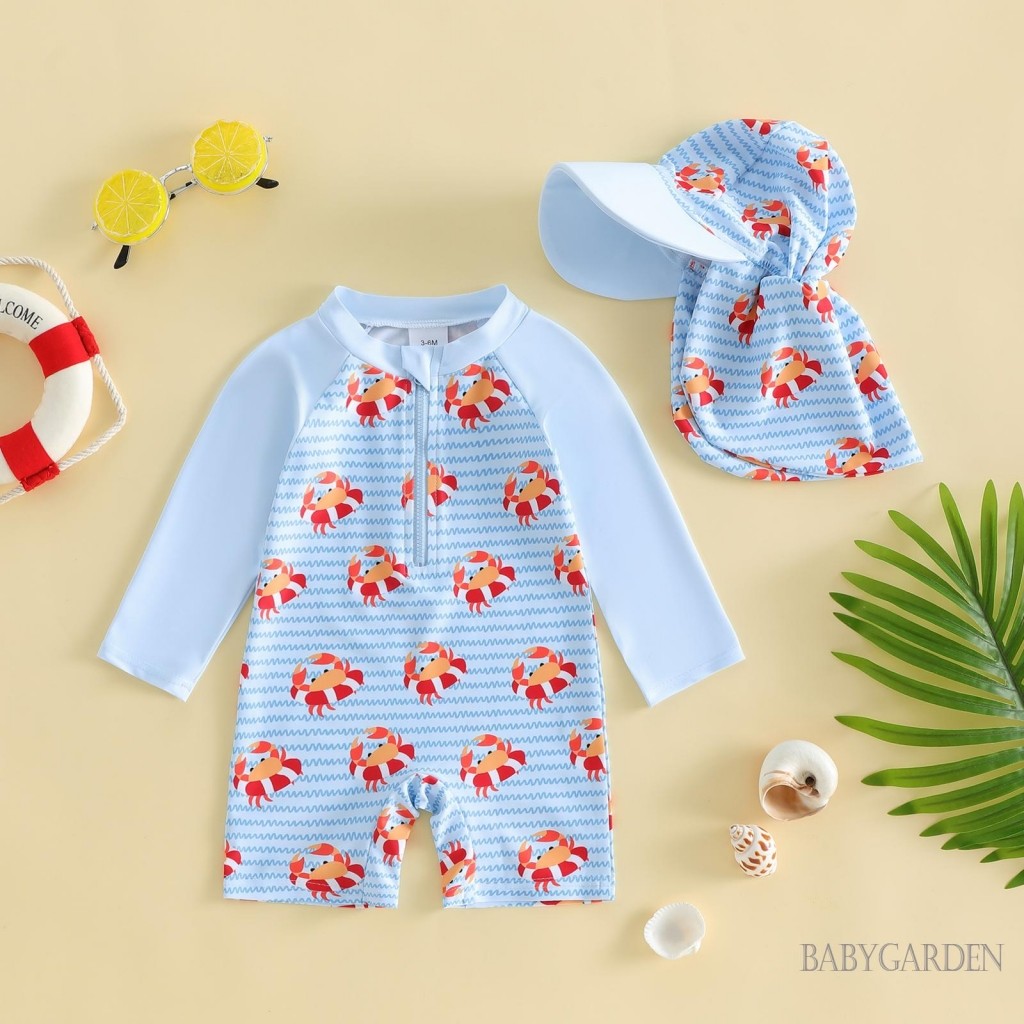 0-5 Tuổi Trẻ Em Bé Trai Rash Guard Đồ Bơi Có Mũ In Hình Cua Dài Tay Đồ Bơi Cho Bé Bộ Đồ Tắm