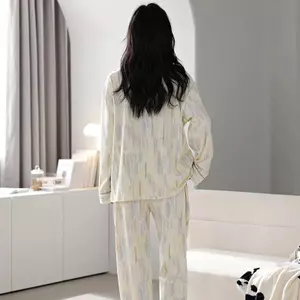 Bộ đồ ngủ gấu trúc hoạt hình nữ, có miếng đệm ngực và quần áo dài tay, bộ đồ mặc nhà đáng yêu