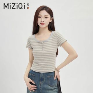 【Nên mua】áo kiểu nữ ngắn tay kẻ sọc, cổ tròn cài nút dáng ôm, chất thun mềm thời trang nữ tính