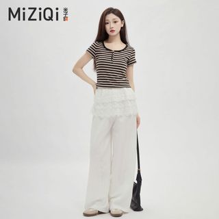 【Nên mua】áo kiểu nữ ngắn tay kẻ sọc, cổ tròn cài nút dáng ôm, chất thun mềm thời trang nữ tính