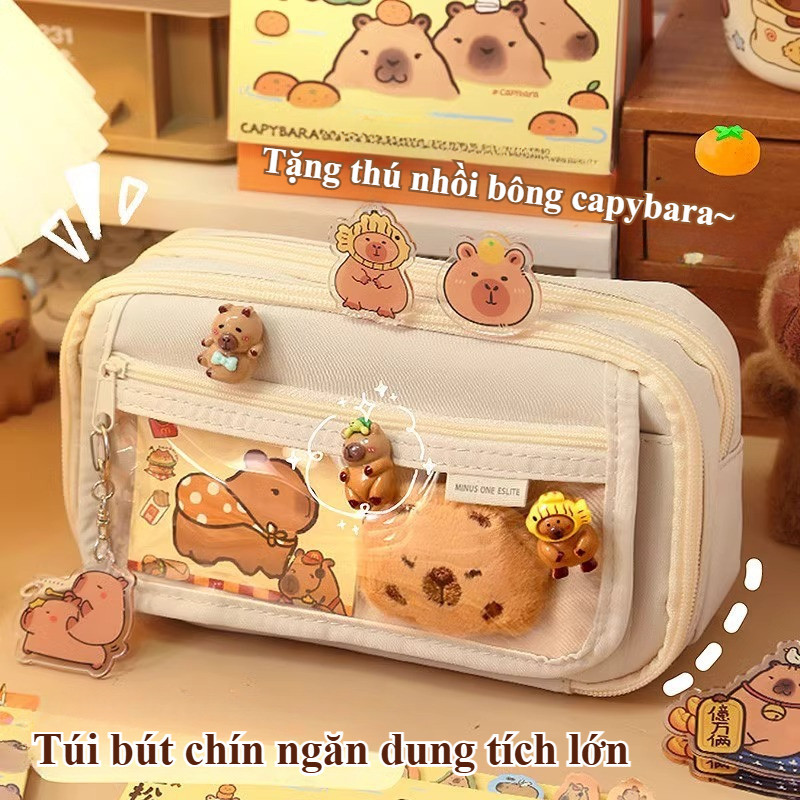 Túi Đựng Bút Học Sinh Dễ Thương, Nhiều Ngăn Giúp Đựng Bút Thước Ngăn Nắp,Họa tiết capybara,Vải bạt chống thấm nước