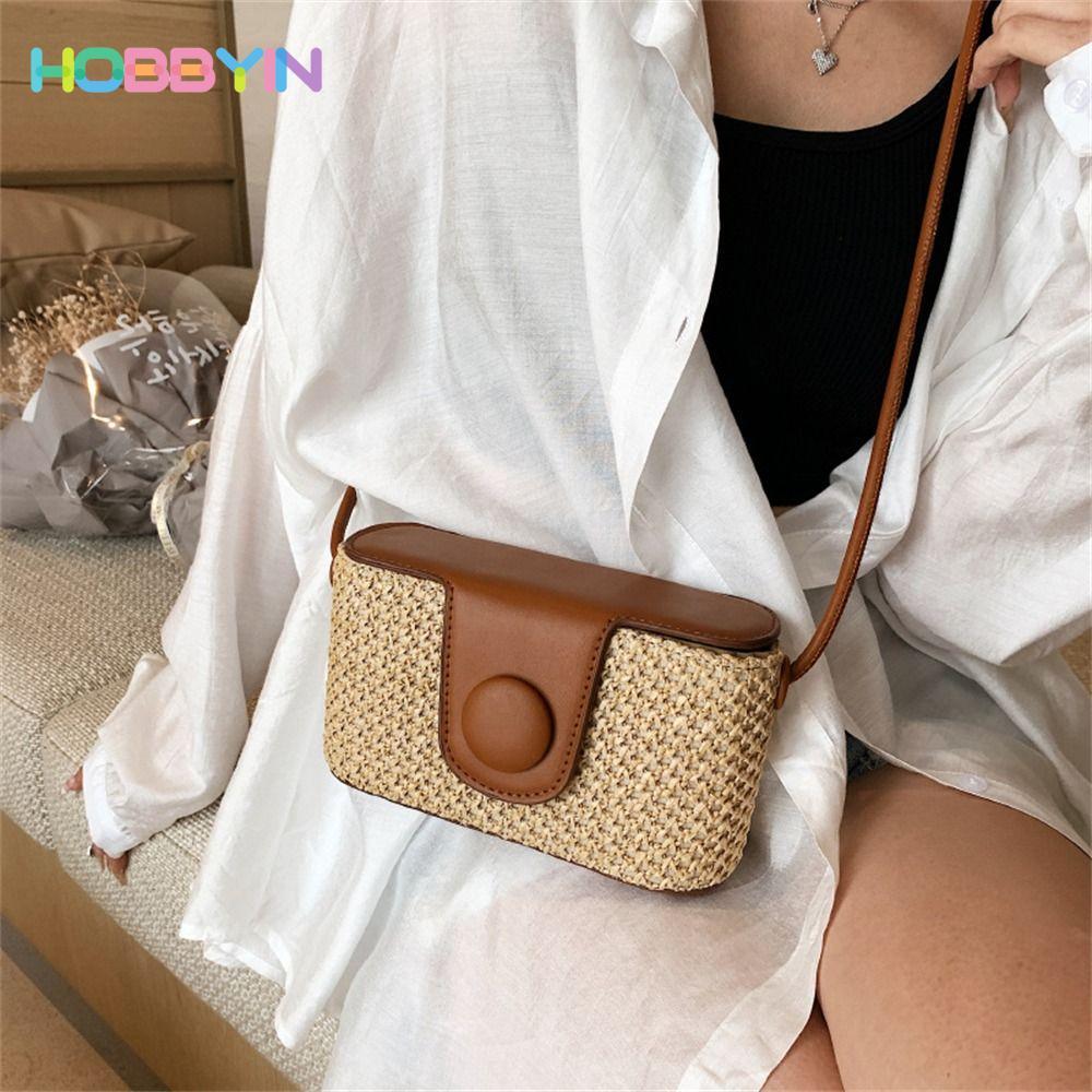 Túi xách HOBBYIN, Túi đeo vai mây Bohemian, Túi dệt cỏ bện thủ công dễ thương Bãi biển mùa hè