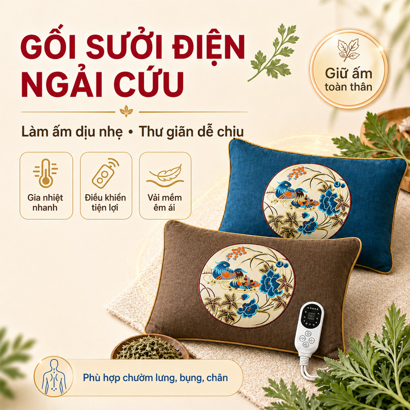 Gối Ngải Cứu Sưởi Điện Chính Hãng - Giảm Đau Cổ Vai Gáy, Thảo Dược Đông Y, Hỗ Trợ Ngủ Ngon & Tuần Hoàn Máu