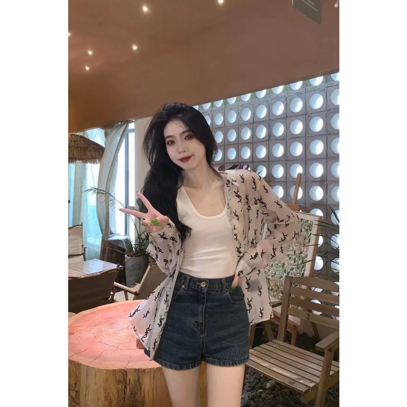 Áo sơ mi voan nữ mùa hè, thiết kế kem chống nắng, slim-fit, in logo đầy đủ