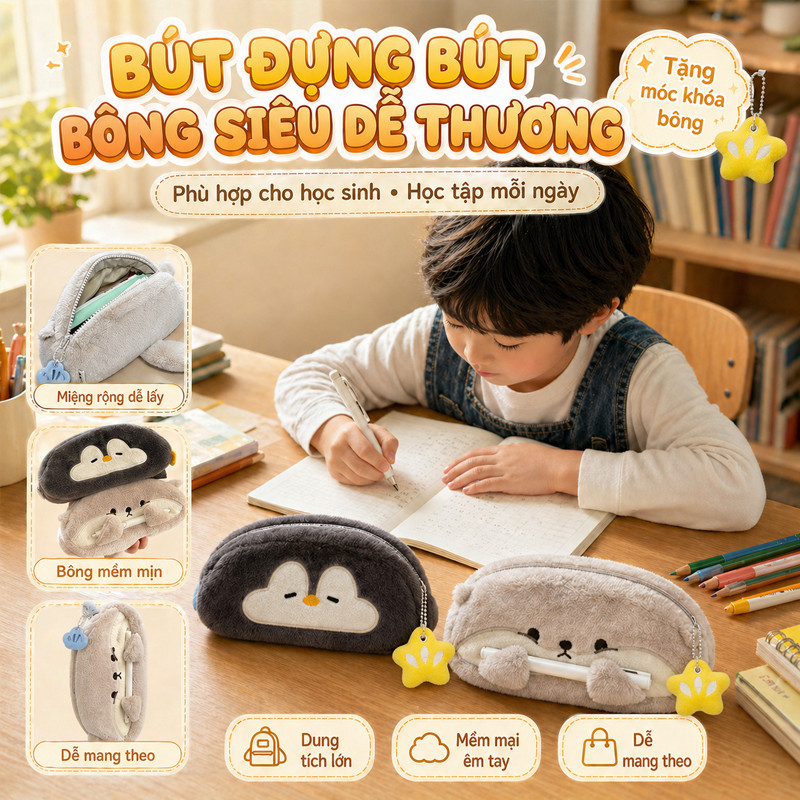 Túi Đựng Bút Hình Otter Penguin Sang Trọng - Hộp Bút Vải Mềm, Dung Tích Lớn, Quà Tặng Trở Lại Trường