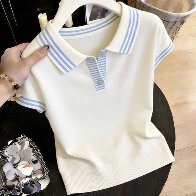 Áo thun ngắn tay cổ áo Polo phong cách mới mùa hè | Phụ Nữ Plus Size Béo mm Mỏng Hơn Nhìn Rời Màu Sắc Tương Phản Ve Áo Top, Sang Trọng Hợp Thời Trang 40-100kg Có Thể Mặc