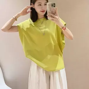 Áo thun dài tay dáng rộng màu vàng xanh lá cây Áo thun ngắn tay nữ mùa hè Phong cách mới Dopamine Top