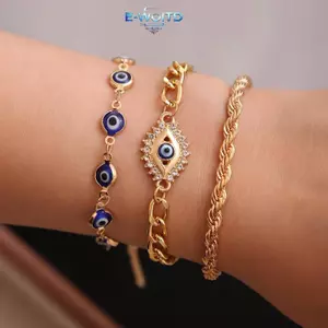 E-WOITD 3 CÁI Thổ Nhĩ Kỳ Luy Evil Blue Eye Bracelet Set Kim loại Staable Dây đeo cổ tay Charm Chain dành cho nữ Trang sức Quà tặng Vòng đeo tay mắt ác E-WOITD
