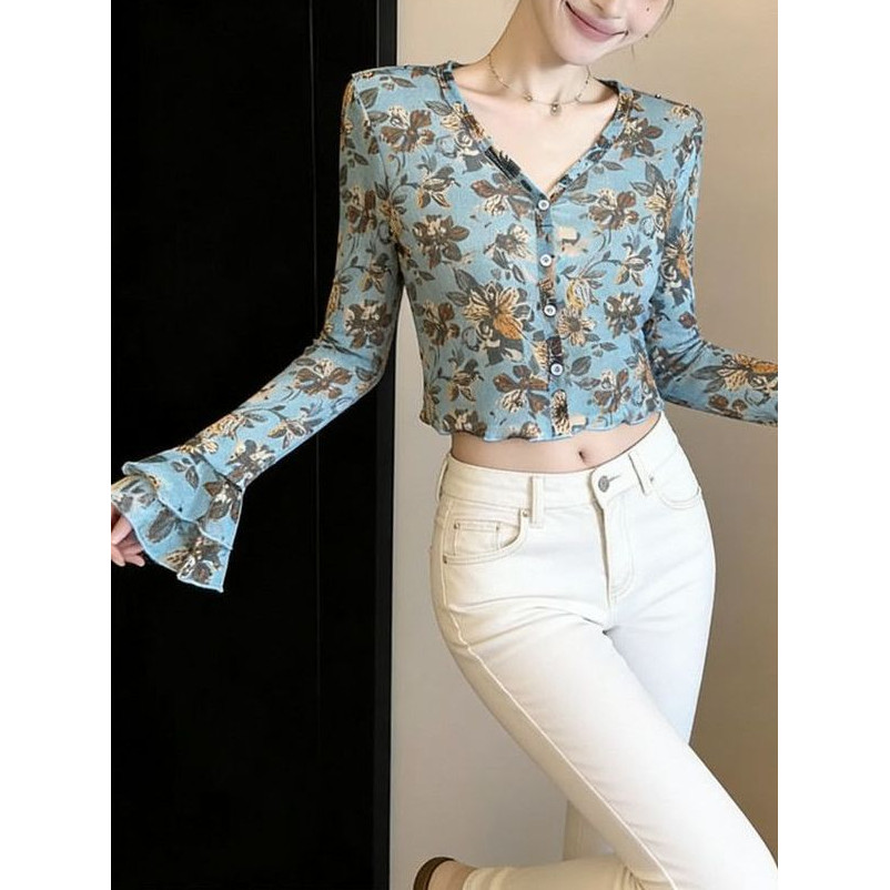 Milyfashion Nhẹ Nhàng Hoa Co Giãn Gạc Hơi Trong Suốt Tay Dài In Hình Chữ T Phong Cách Mới
