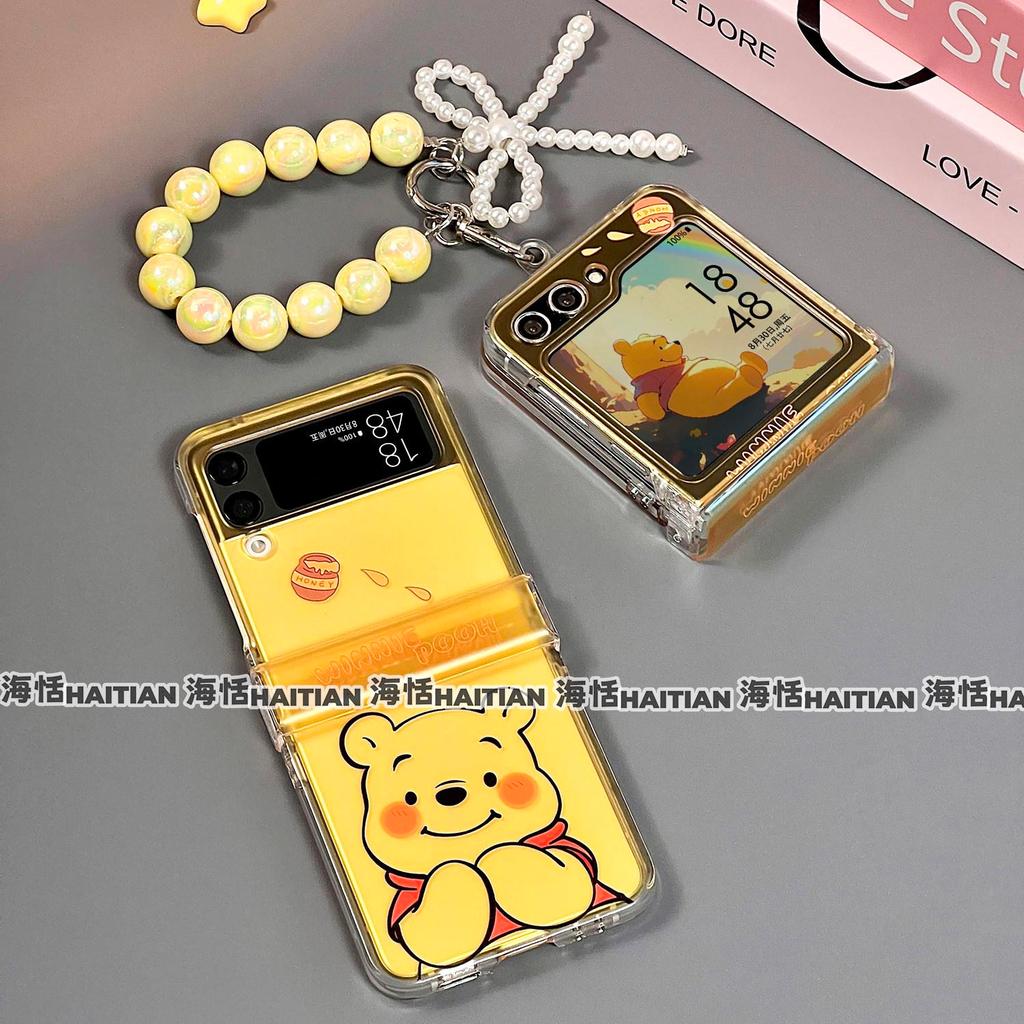 Tương thích với Samsung Galaxy ZFlip7 ZFlip6 Vỏ điện thoại Winnie the Pooh hoạt hình dễ thương Vỏ cứng có thể gập lại có dây buộc ZFlip 7 6 5 4 3 5G N3 Flip Mix Flip 2 Razr 60 Vỏ bảo vệ