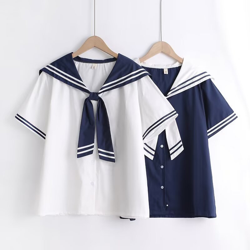 Áo sơ mi nữ Cotton Hàn Quốc, Dây buộc hải quân, Tay ngắn dáng rộng cho học sinh