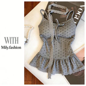 Milyfashion Hot Girl Gợi Cảm Chấm Bi Streamer Ren Sling Thoải Mái Phù Hợp Với Ôm Nơ Ngắn Top ERAF