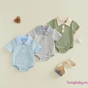Bộ áo liền quần bé trai màu sắc tương phản mùa hè Bộ áo liền quần ngắn tay có cổ bẻ