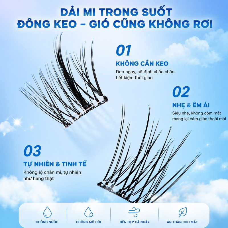 Mi giả tự dính chất lượng cao, dải keo dính chắc nhưng dễ tháo, phù hợp mọi loại mí mắt, kể cả người nhạy cảm