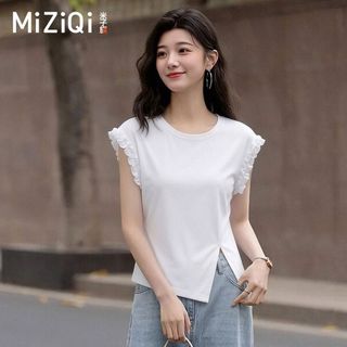 【MIZIQI】 Áo thun ngắn tay màu trơn eo hẹp dành cho nữ, cổ tròn Agaric Edge tay bay nhỏ chia tay