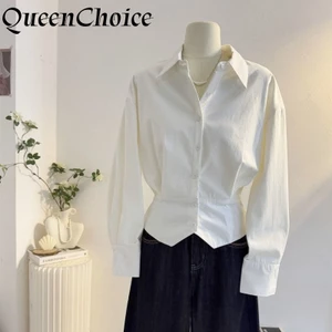 Eo Mỏng Nữ Thời Trang Chắc Chắn Trắng Dài Tay Áo Sơ Mi Nữ Cổ Áo Sơ Mi