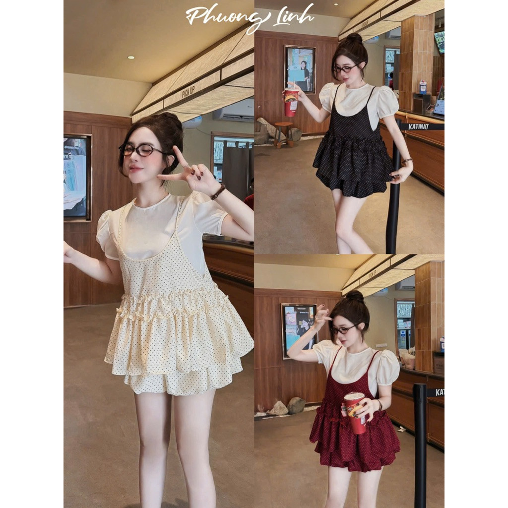 SÉT 3 MÓN , ÁO TRẮNG BABY DOLL , ÁO BI 2 DÂY BÈO , CHÂN  BI BÍ BYJOLIE