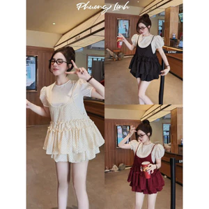 SÉT 3 MÓN , ÁO TRẮNG BABY DOLL , ÁO BI 2 DÂY BÈO , CHÂN BI BÍ BYJOLIE