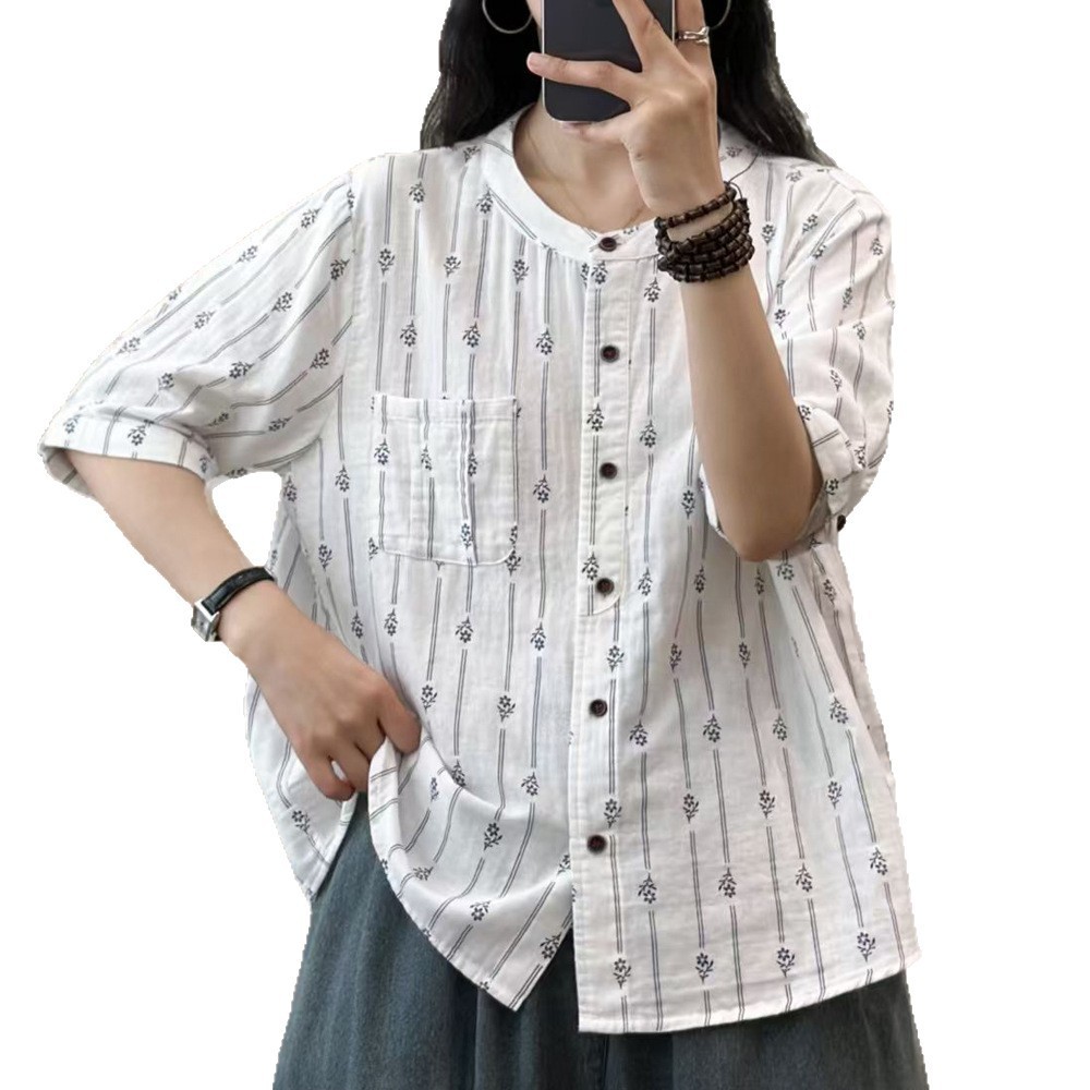 Áo sơ mi nữ cotton dáng rộng size lớn họa tiết hoa văn học cổ điển Cardigan tay ngắn