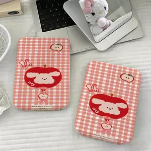 Gương gập bỏ túi trang điểm caro đỏ họa tiết chó táo dễ thương gọn nhẹ tiện dụng