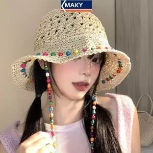 Mũ nữ mùa hè hạt gỗ rỗng lớn, phong cách ngư dân, dễ gấp gọn chống nắng