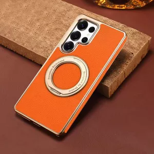 Da Thật 360° Vòng xoay Giá đỡ kim loại Giá đỡ Kistand Vỏ điện thoại cho Samsung Galaxy S24 S25 S26 Vỏ siêu chống sốc