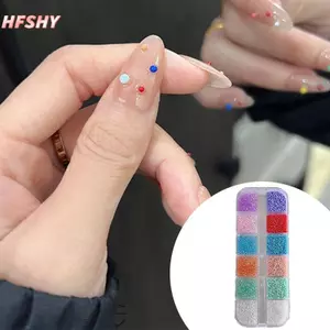 HFSHY 12 Lưới / hộp 3D Móng Tay Nghệ Thuật Quyến Rũ Trộn Tròn Nhiều Màu Sắc Ngọc Trai Hạt Trang Sức Làm Móng Tay Thủ Công Kim Cương Giả Phụ Kiện Trang Trí VN