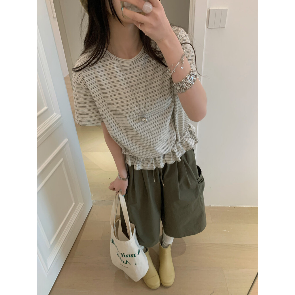 SUXI Áo thun phong cách Hàn Quốc sọc nhẹ nhàng dành cho nữ với dây rút - 260424