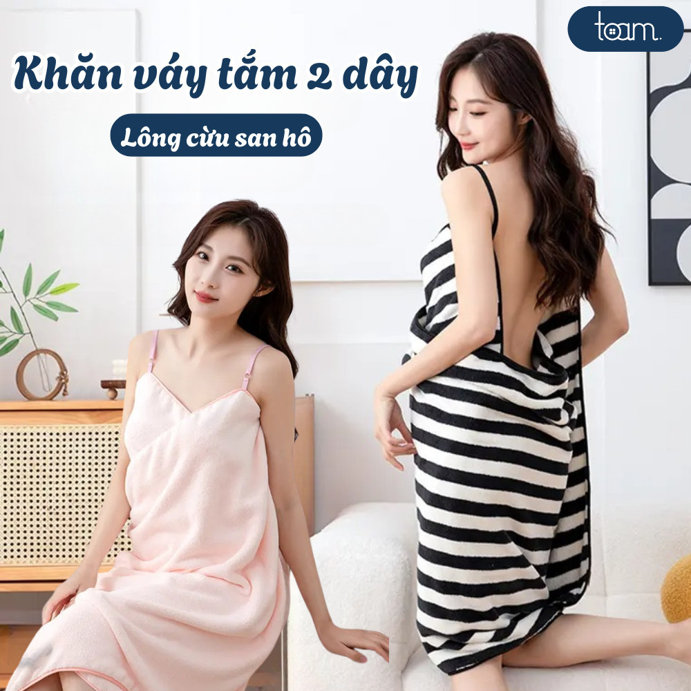 Khăn Tắm Dạng Váy 2 Dây Có Thể Điều Chỉnh, Váy Tắm Nữ Vải Bông Lông Cừu San Hô Siêu Thấm Hút