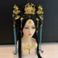 Áo Hanfu và phụ kiện tóc phong cách chiến quốc retro màu xanh, phù hợp cho cosplay và triển lãm cổ