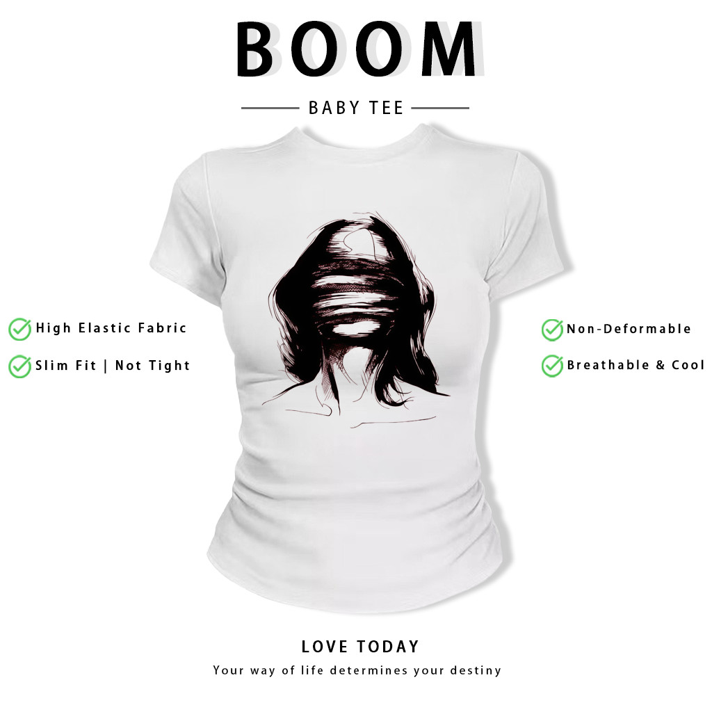 BOOM Áo Baby Tee Nữ Cotton Ôm Body-Áo Thun Ngắn Tay Y2K In Hình PhongCách Mùa Hè, Cổ Tròn Hàng Đầucách hàn quốc phongR43
