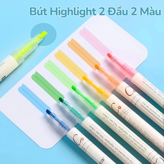 Bút Dạ Quang 2 Đầu Màu Sắc Tươi Sáng Viết Chữ Đẹp Cọ Vẽ, Bộ 6 Bút Quà Tặng Học Sinh