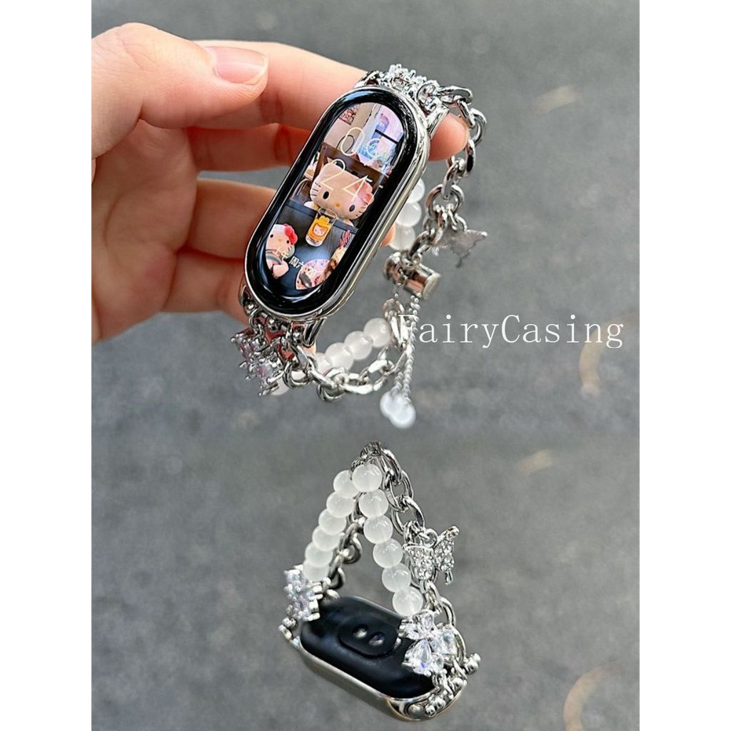 Dây chuyền kim loại hình bướm thủy tinh cho Xiaomi Mi Band 10 9 8 Pro Vòng đeo tay cho Xiaomi Band 3 4 5 6 7 Phụ kiện dây đeo cổ tay