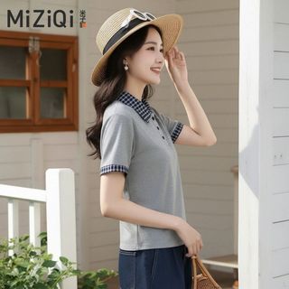 【MiZiQi】Áo thun cổ Polo kẻ sọc mùa hè dành cho nữ, Áo ngắn tay thường ngày giảm tuổi